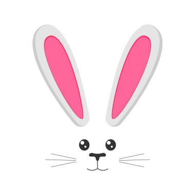 Kulakları, gözleri, burnu, ağzı ve bıyıkları olan şirin bir tavşan ağızlığı. Paskalya partisi ya da fotoğraf çekimi için aksesuarlar, tebrik kartı ya da davetiye tasarımı, kutlama afişi. Vektör düz resimleme