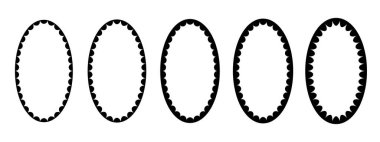 Dalgalı iç sınırları olan oval fotoğraf ya da çerçeve setleri. Vignette, ayna, metin kutusu çerçeveleri. Dekorasyon tasarım elementleri beyaz arkaplanda izole edildi. Vektör grafik illüstrasyonu.