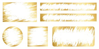 Beyaz arka planda izole edilmiş çizik dokuları olan bir dizi altın çizik kartı. Loto talihlisi koleksiyonu, para ödülü, indirim kuponu, büyük ikramiye kazı kazan şablonları. Vektör illüstrasyonu.