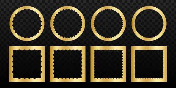 Sada Zářících Zlatých Čtvercových Kulatých Zrcadel Fotorámečků Nebo Rámečků Kroutícími — Stockový vektor