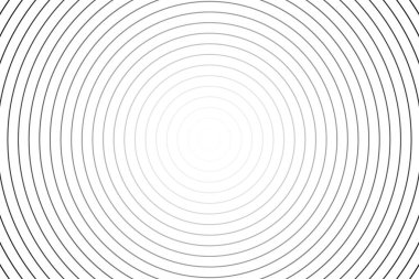 Eşmerkezli çember arka planı. İnce yuvarlak çizgiler. Dalgalanmalar, merkez üssü, güneş patlaması, yayılma, radyo sinyali, hedef, sonar dalga duvar kağıdı. Hipnotik efektli basit siyah-beyaz vektör çizimi.