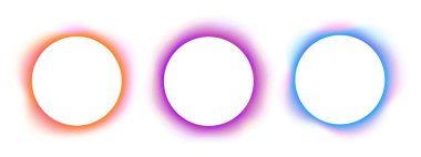 Bulanık yuvarlak çerçeveler. Beyaz arkaplanda izole edilmiş renkli neon eğimli çember şekillerinin toplanması. Boş alanı olan soyut tasarım ögeleri. Vektör illüstrasyonu.