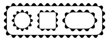 Yuvarlak, kare, dikdörtgen ve dişli kenarlı oval çerçeveler. Etiketler, etiketler, etiketler veya beyaz arkaplanda dalgalı kenarlı şablonlar. Vektör grafik illüstrasyonu.