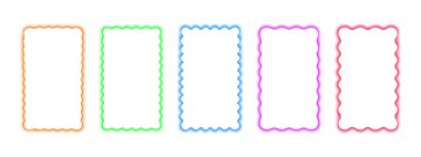 Dalgalı kenarlı renkli dikdörtgen çerçeveler. Bulanık aura etkisi olan kıvrımlı dikdörtgen şekiller. Yumuşak eğimli boş metin kutuları veya web pankart şablonları. Vektör grafik illüstrasyonu.