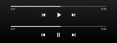 Ses veya video oynatıcı çubukları zaman kaydıracı, oynat ve durdur, geri sar ve hızlı ileri al düğmeleri ile yükleme işlemi. Podcast ya da sesli oynatma paneli arayüzü şablonları. Vektör grafik illüstrasyonu.