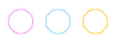 Bulanık yuvarlak çerçeveler. Beyaz arka planda izole edilmiş pembe, mavi ve sarı neon kenarlı daire şekilleri. Soyut tasarım ögeleri ya da boş alanı olan web pankartları. Vektör illüstrasyonu.