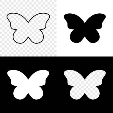 Kelebek simgeleri, şekilleri ve çerçeveleri. Uçan böcek siluetleri beyaz, siyah ve şeffaf arkaplanda izole edilmiş. Vektör hraphic çizimi.