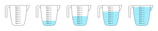 一套装满水的空杯子 容量为1升 用于烹饪的液体容器 其容量尺度与白色背景隔离 矢量平面插图 — 图库矢量图片