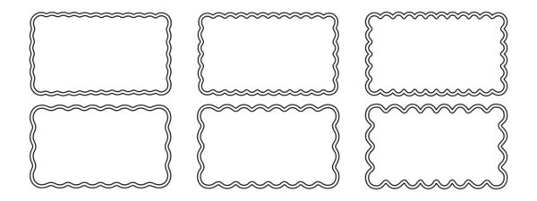Набор прямоугольных рамок с двойными волнистыми границами. Волнистые прямоугольные фигуры. Пустые текстовые поля, теги, заголовки или шаблоны веб-баннеров со скальпированными краями. Векторная графика.