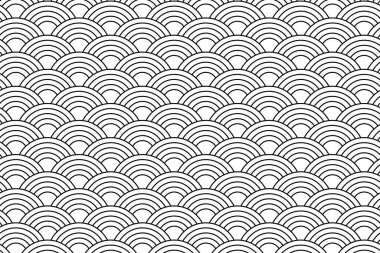 Deniz ya da okyanus dalgaları. Geleneksel Asya Seigaiha deseni. Deniz tarağı izi. Balık squama ya da ejderha pulu. Basit geometrik siyah beyaz kemer süsü. Vektör grafik illüstrasyonu.