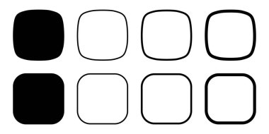 Yuvarlak kenarları ve köşeleri olan sincaplar ve kareler. Beyaz arkaplanda izole edilmiş basit geometrik şekiller ve çerçeveler. Boş alanı olan elementler tasarla. Vektör grafik illüstrasyonu.
