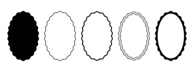 Dalgalı kenarlı oval çerçeveler. Eğri uçlu eliptik şekiller. Beyaz arkaplana izole edilmiş ayna, resim veya fotoğraf çerçeveleri, boş metin kutuları, etiketler veya etiketler. Vektör grafik illüstrasyonu.