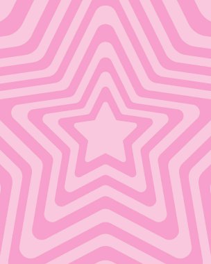 Pembe konsantre yıldızların arka planı. Manyak psikedelik duvar kâğıdı tasarımı. Hipnotik efektli estetik poster. Pastel renklerde moda y2k deseni. Vektör grafik illüstrasyonu.