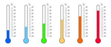 Celsius dereceli termometre ölçümleri ve soğuktan ısıya sayılar. Meteoroloji ölçüm araçları beyaz arkaplanda izole edildi. Vektör düz resimleme.