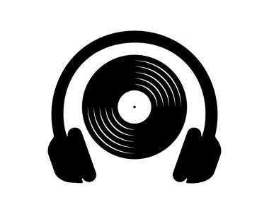 Kulaklık ikonlu vinil disk. Turntable LP disk ve kulaklıklar beyaz arkaplanda izole edilmiş. Gece kulübü diskotek partisi için DJ ekipmanları. Müzik konseptini dinle. Vektör grafik illüstrasyonu.