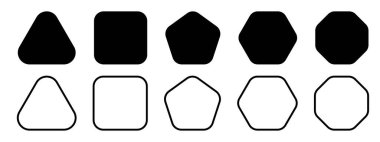 Yuvarlak köşeli geometrik figürler. Üçgen, kare ya da sincap, beşgen, altıgen ve sekizgen şekilleri beyaz arka planda izole edilmiş. Vektör grafik illüstrasyonu.
