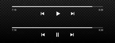 Ses veya video oynatıcının zaman kaydıracı, oynat ve durdur, geri sar ve ileri al düğmeleri ile çubukları yükleme süreci. MP3, podcast veya sesli oynatma paneli arayüzü. Vektör grafik illüstrasyonu.