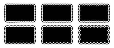 Deniz tarağı kenarlı dikdörtgen şekiller ayarlayın. Etiketler veya etiketler, çıkartmalar veya pullar, beyaz arkaplanda izole edilmiş dalgalı kenarlı dikdörtgen kutular. Vektör grafik illüstrasyonu.