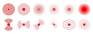 Acı yerelleştirme simgeleri. Kırmızı eşmerkezli daireler. Yara ya da iltihap sembolleri. Nabız ya da baş ağrısı. Beyaz arka planda izole edilmiş şok dalgası, radar ya da ses sinyali piktogramları. Vektör illüstrasyonu.