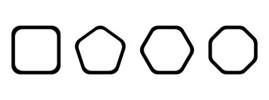 Yuvarlak köşeli geometrik çerçeveler. Kare, beşgen, altıgen ve sekizgen şekilleri beyaz arka planda izole edilmiş. Boş metin kutuları, etiketler veya uyarı işaretleri. Vektör grafik illüstrasyonu.