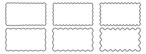 Набор прямоугольных рам с волнистыми краями. Прямоугольные формы со скальпированными границами. Картинные или фоторамки, пустые текстовые поля или баннеры, изолированные на белом фоне. Векторная графика.