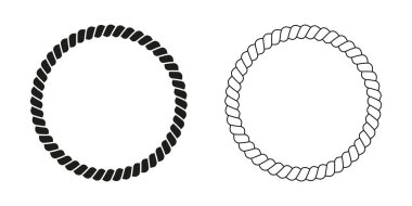 Black and white round rope frames. Circular jute, cord or thread, cable or twine borders. Design elements on maritime, yacht or nautical theme. Vector outline illustration.