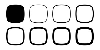 Yuvarlak kenarları ve köşeleri olan sincaplar ya da kareler. Beyaz arkaplanda izole edilmiş basit geometrik şekiller ve çerçeveler. Boş alanı olan ögeler ya da düğmeler tasarla. Vektör grafik illüstrasyonu.