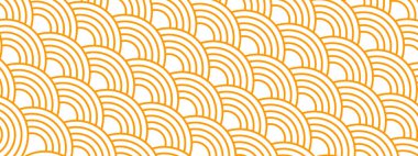 Turuncu Japon Seigaiha deseni. Tekrarlanan çapraz yuvarlak ya da kemer şekilli süs. Kimono deniz tarağı izi. Balık squama, yılan ya da ejderha pulu. Deniz ya da okyanus dalgaları. Vektör düz resimleme.