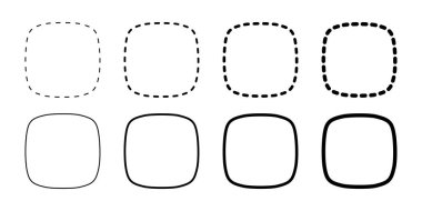 Yuvarlak kenarlı kesik sincaplar ya da kareler. Beyaz arkaplanda izole edilmiş basit geometrik şekiller ve çerçeveler. Boş boşluklu metin kutuları veya etiketler. Vektör grafik illüstrasyonu.