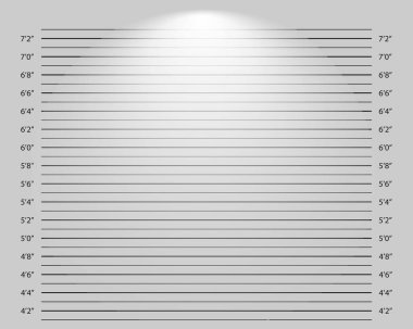 Fotoğraf arkaplanını ışıklandırma efektiyle aynı hizaya getir. Polis boy tablosunda aranıyor, tutuklanıyor ya da şüpheli şahsın kimliği tespit ediliyor. Suç profili şablonu. Vektör grafik illüstrasyonu.