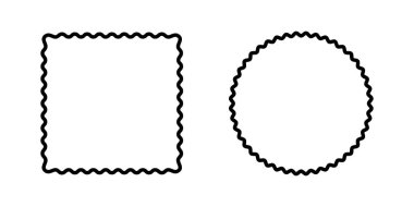 Yuvarlak ve kıvrımlı kenarlı dikdörtgen çerçeveler. Dalgalanmamış sınırları olan daire ve kare şekiller. Boş fırfırlı metin kutuları, etiketler veya etiketler beyaz arkaplanda izole edildi. Vektör grafik illüstrasyonu.