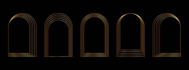 Koyu arkaplanda izole edilmiş bir dizi altın eşmerkezli kemer. Altın yay şekilleri son moda boho tarzında. Parlak pencere, kapı ya da kapı siluetleri kemer şeklinde. Vektör illüstrasyonu.