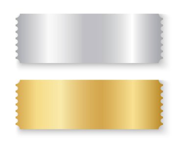 Boş gümüş ve altın biletlerin maketleri. Piyango, piyango, kupon teklifi, büyük ikramiye parlayan yüzey. Giriş kartları ya da özel lüks koltuklar. Vektör gerçekçi illüstrasyon.