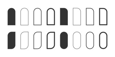 Kemer, yarım kemer, yaprak ve çift yay şekilleri ve çerçeveler. Beyaz arkaplanda izole edilmiş davetiye ya da tebrik kartları, broşürler ya da afişler için şablonlar. Vektör illüstrasyonu.