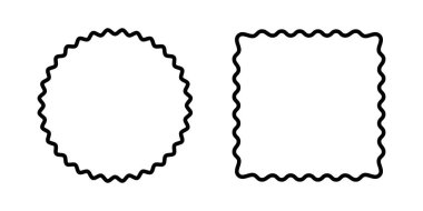 Kıvrımlı kenarları olan yuvarlak ve kare çerçeveler. Kıvrımlı kenarları olan çember ve dikdörtgen şekiller. Beyaz arkaplanda izole edilmiş boş metin kutuları, etiketler veya etiketler. Vektör grafik illüstrasyonu.