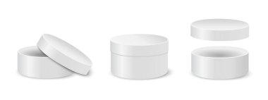 Kapalı ve yuvarlak karton veya teneke kutular açılıyor. Hediyeler, şapkalar, kozmetik ürünler, ilaçlar, şekerler ve kurabiyeler için dairesel kaplar. Silindirik paketler beyaz arkaplanda izole edildi. Vektör illüstrasyonu.