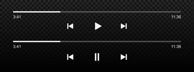 Ses veya film oynatıcısı çubukları zaman kaydıracı, oynat ve durdur, geri sar ve ileri sar tuşlarıyla yükleme işlemi devam ediyor. Mediaplayer mobil uygulama çalma arayüzü şablonu. Vektör grafik illüstrasyonu.