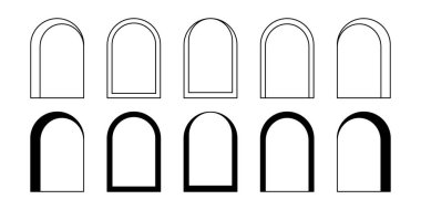 Farklı kemer çerçeveleri. Geometrik yay şekilleri son moda bohem tarzında. Beyaz arka planda izole edilmiş pencere, kapı, kapı veya kapı siluetleri. Vektör grafik illüstrasyonu.