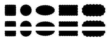 Kare, daire, oval ve dikdörtgen şeklinde ve deniz tarağı kenarlı şekiller. Dalgalı geometrik şekiller. Beyaz arkaplanda izole edilmiş boş metin kutuları, etiketler veya etiketler. Vektör grafik illüstrasyonu.