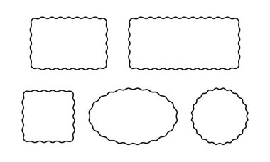 Dikdörtgen, kare, oval ve dalgalı kenarlı daire çerçeveler. Fırfırlı kenarlı basit geometrik şekiller. Beyaz arkaplanda izole edilmiş boş metin kutuları, etiketler veya etiketler. Vektör grafik illüstrasyonu
