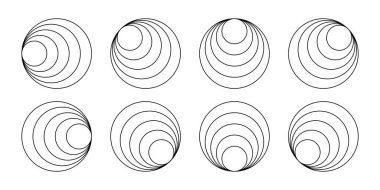İç teğet çemberler. Sonik patlama ya da ses dalgası işareti. Midye kabuğu şekilleri. Hawaii küpeleri. Basit geometrik şekiller. Beyaz arka planda izole edilmiş eş merkezli halkalar. Vektör grafik illüstrasyonu.
