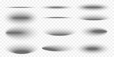 Oval ambalaj kutusu gölge efektleri. Farklı gerçekçi, yumuşak gri şekiller. Şeffaf arkaplanda eliptik paket gölgeleri izole edildi. Vektör gerçekçi illüstrasyon.