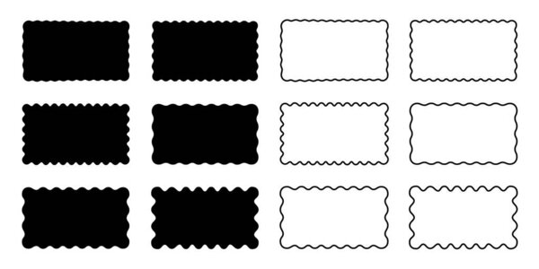 Набор прямоугольных фигур и рамок с волнистыми краями. Прямоугольники со скальпированными границами. Изображения или рамки фотографии, пустые текстовые поля или теги, изолированные на белом фоне. Векторная графика