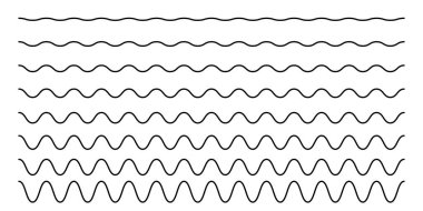 Kıvrımlı yatay çizgiler. Dalgalı sınırlar. Sinüs veya kosinüs eğrileri. Su, sıvı, hava veya rüzgar sembolleri. Beyaz arka planda nehir, deniz, göl ya da okyanus işaretleri var. Vektör grafik illüstrasyonu.