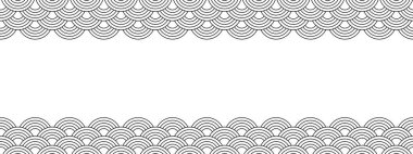 Japon Seigaiha deseni ve boş uzay ile üst ve alt sınırları. Siyah beyaz deniz tarağı izi. Balık squama ya da ejderha pulu. Basit geometrik arkaplan. Vektör grafik illüstrasyonu.