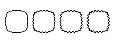 Yuvarlak köşeli kareler ya da dalgalı kenarlı sincaplar. Beyaz arka planda izole basit, kıvrımlı geometrik şekiller. Eğri tasarım ögeleri, etiketler, etiketler veya kutular. Vektör grafik illüstrasyonu.