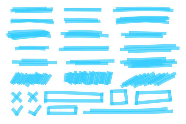 Set of blue highlight marker lines, frames, cross and checkmark signs. Different hand-drawn pen or brush underlines for important text selection isolated on white background. Vector illustration.