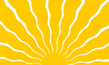 Dalgalı sarı ışınları olan harika bir güneş. Yaz temalı arka plan. Gündoğumu, gündoğumu ya da günbatımı posteri modaya uygun. Modern psikedelik baskı. Vektör düz resimleme.