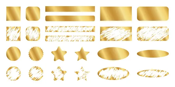 stock vector Set of golden scratchcard surfaces in square and circle, rectangle and oval, star forms with new and scraped textures. Raffle, sale coupon or promo code card templates. Vector illustration.