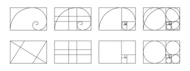 Altın oran şablonları seti. Fibonacci sıralama ızgaraları. Dikdörtgen çerçevedeki logaritmik spiral çizgiler, kareler ve dairelere bölünür. İdeal simetri oranları düzeni. Vektör grafik illüstrasyonu.